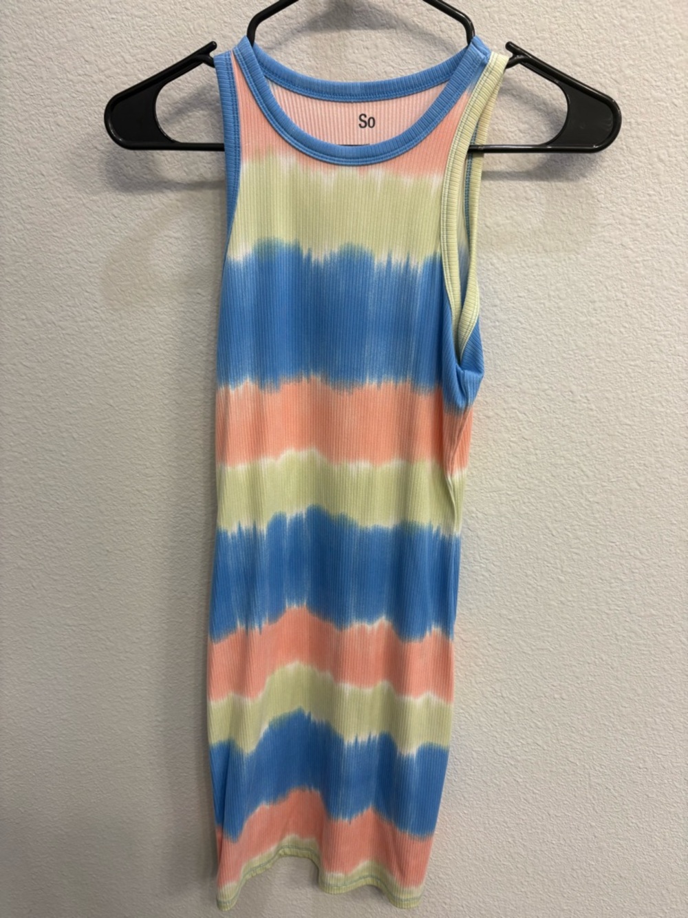 SO Pastel Tie-Dye Ribbed Tank Dress in Blue, Peach & Light Yellow
